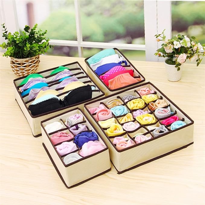 4PCS Drawer Organizers Set, Foldable Multi-style Drawer Dividers for Clothes, Bra Organizer Storage Boxes for Underwear Bras Socks Ties Lingerie Scarves (Beige)