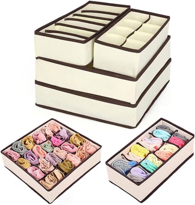 4PCS Drawer Organizers Set, Foldable Multi-style Drawer Dividers for Clothes, Bra Organizer Storage Boxes for Underwear Bras Socks Ties Lingerie Scarves (Beige)