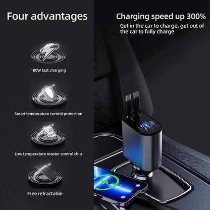 4 in 1 Retractable Fast Charger For Car USB A Port, 2 USB C port, And PD Port