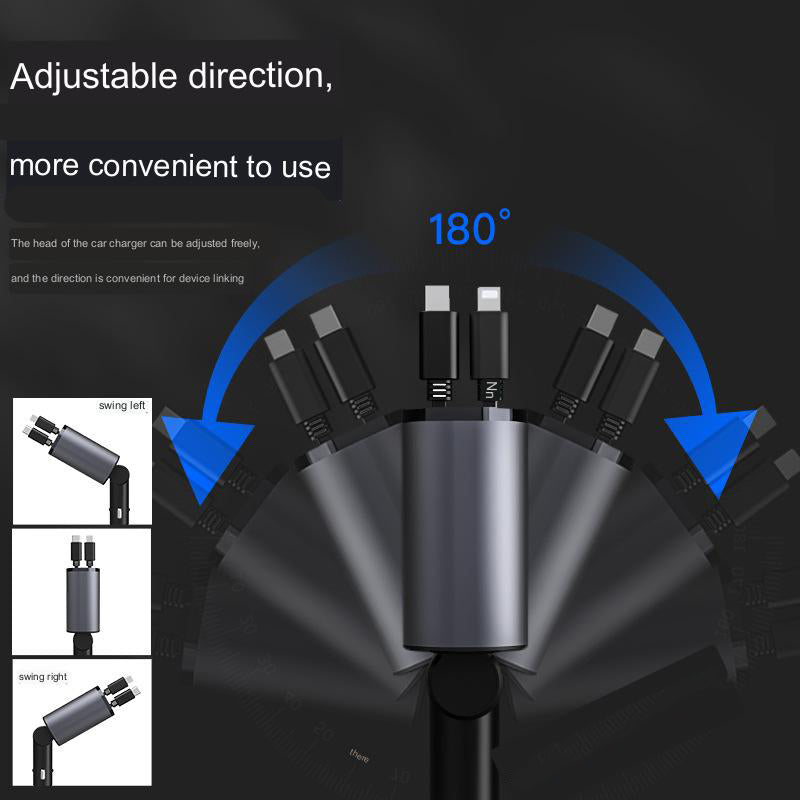 4 in 1 Retractable Fast Charger For Car USB A Port, 2 USB C port, And PD Port