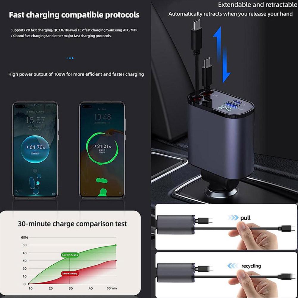 4 in 1 Retractable Fast Charger For Car USB A Port, 2 USB C port, And PD Port
