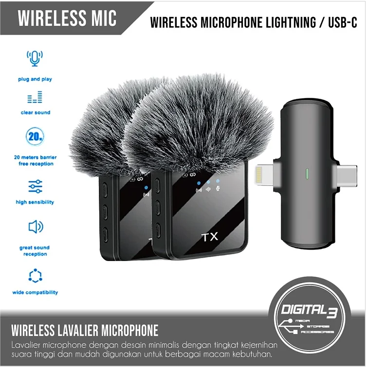 Wireless Lavalier Microphone With 2 in 1 Type C Port and Type Lightening Ports