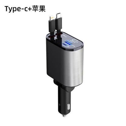 4 in 1 Retractable Fast Charger For Car USB A Port, 2 USB C port, And PD Port