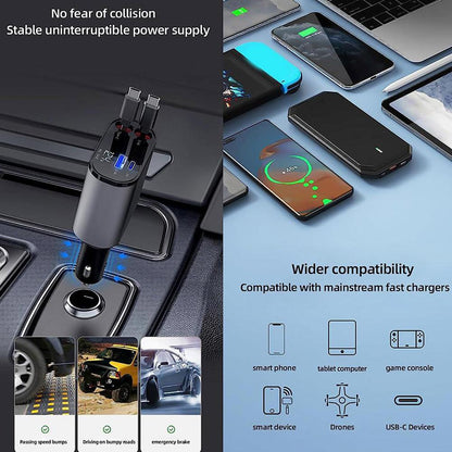 4 in 1 Retractable Fast Charger For Car USB A Port, 2 USB C port, And PD Port