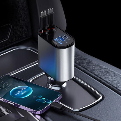 4 in 1 Retractable Fast Charger For Car USB A Port, 2 USB C port, And PD Port