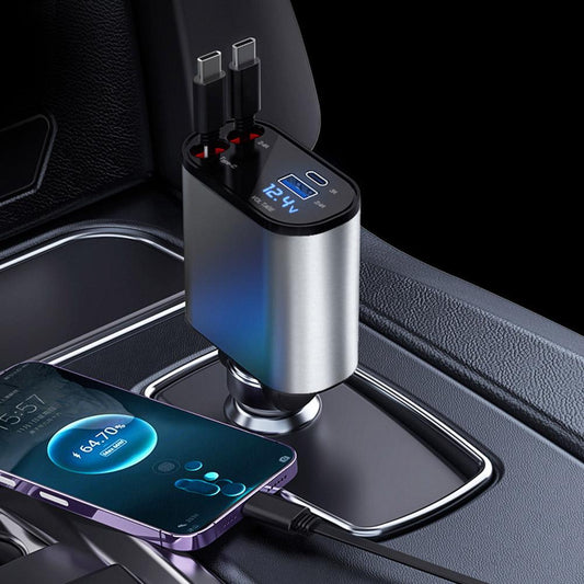 4 in 1 Retractable Fast Charger For Car USB A Port, 2 USB C port, And PD Port