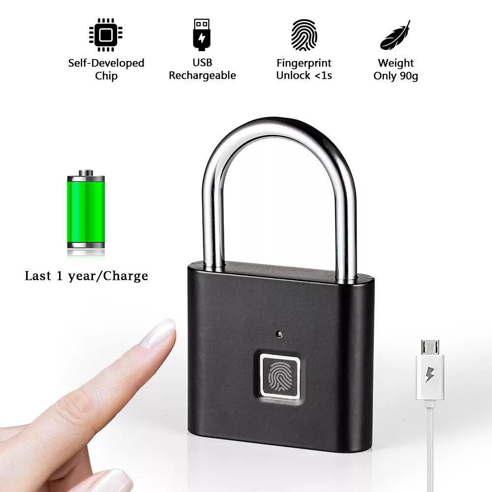 Fingerprint Padlock Smart Keyless USB Charging antiTheft