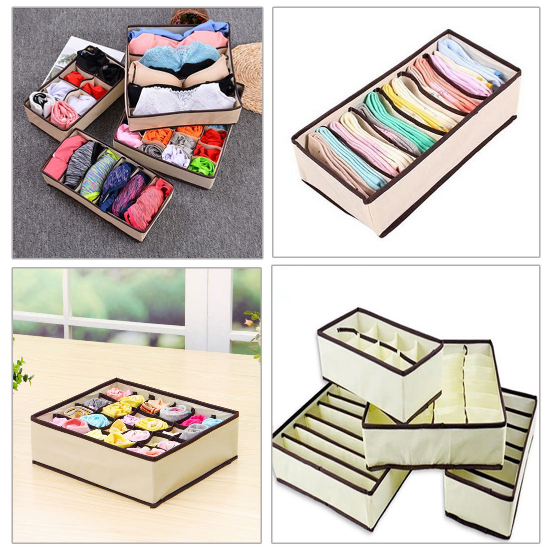 4PCS Drawer Organizers Set, Foldable Multi-style Drawer Dividers for Clothes, Bra Organizer Storage Boxes for Underwear Bras Socks Ties Lingerie Scarves (Beige)